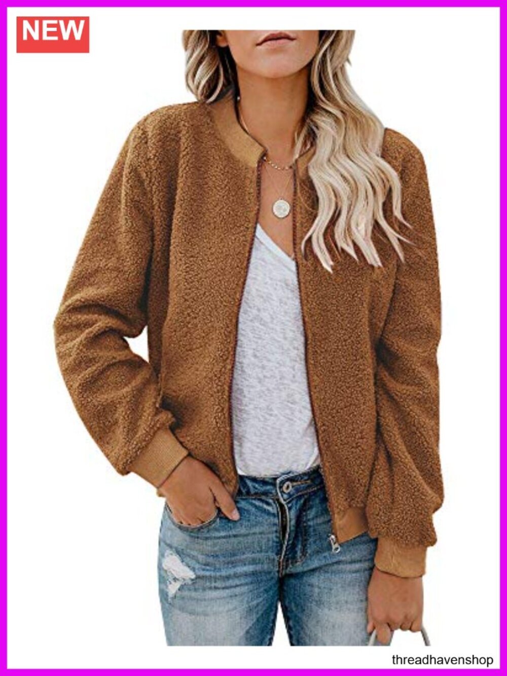 Faux Sherpa Fleece Zip Up Bomber Jacket Long Sleeve Warm Coat With Pockets
